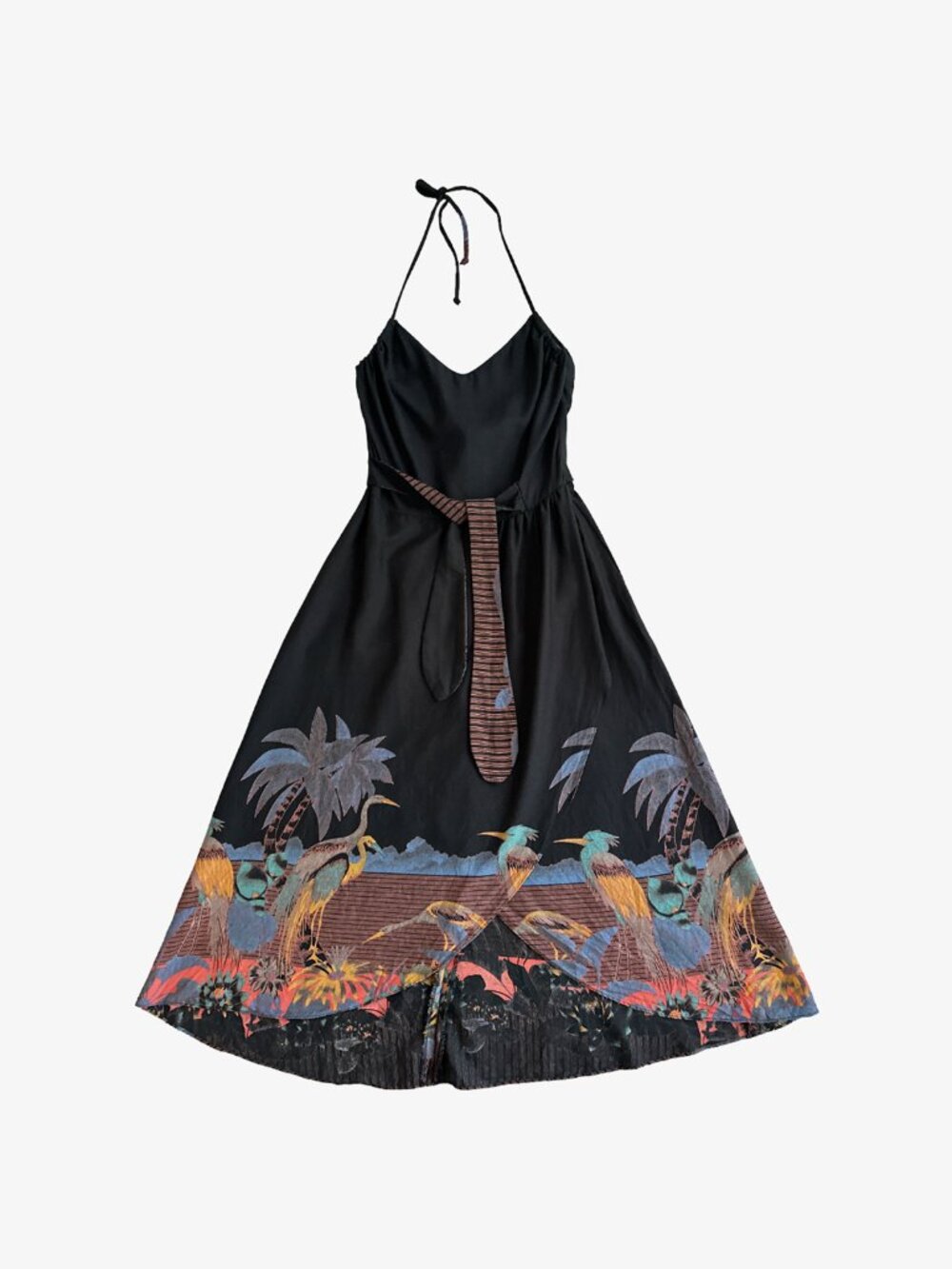 Vintage 70's Black Tropical Bird Tie-Waist Halter Midi Dress by Tere Tereba
